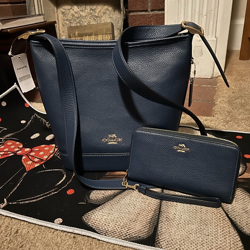 Coach Dark Blue Shoulder Bag and Wallet Set